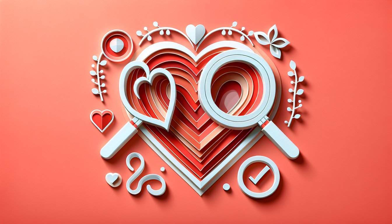 Paper art hearts and question mark cutout on coral background for compatibility quiz Is He Worth Keeping