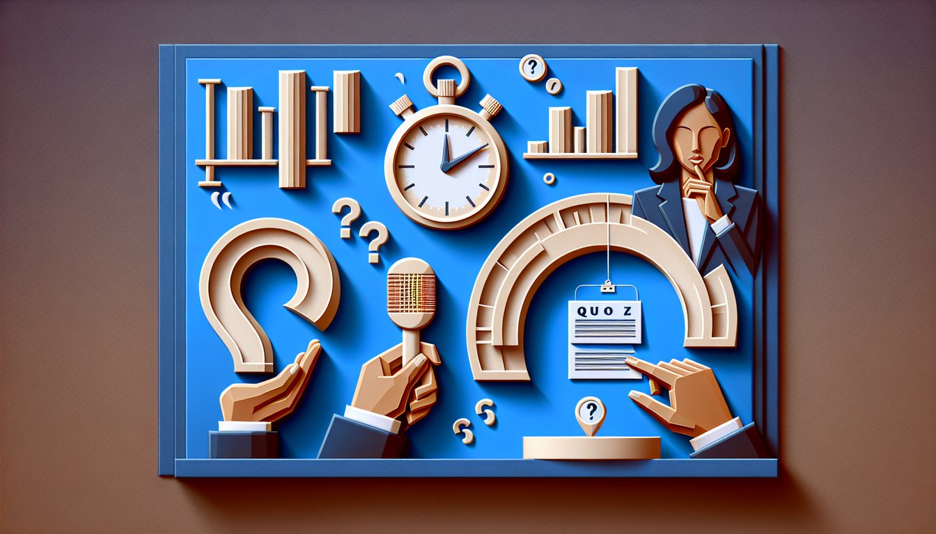 Paper art illustration for Debate Basics Quiz with question marks thought bubbles answers on dark blue background
