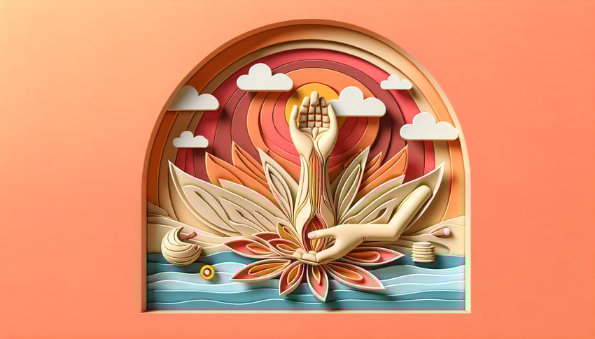 Paper art illustration for NCBTMB practice exam quiz on a coral background