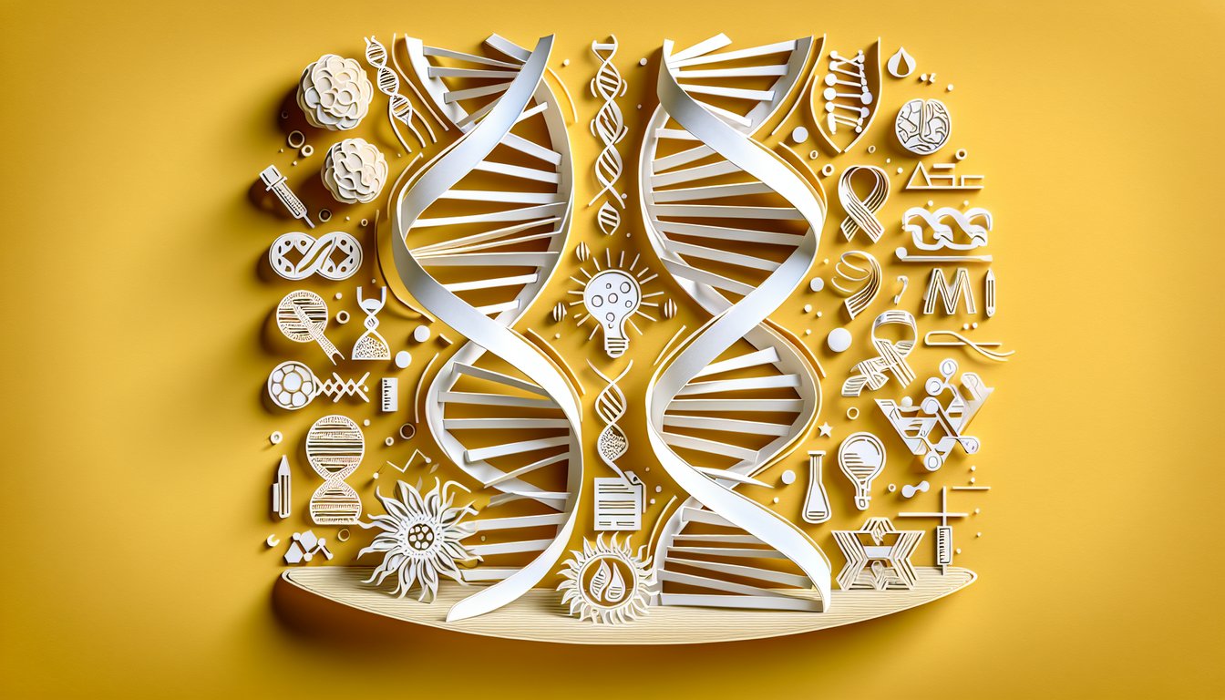 Paper art illustration for a DNA trivia quiz for college students on a golden yellow background.