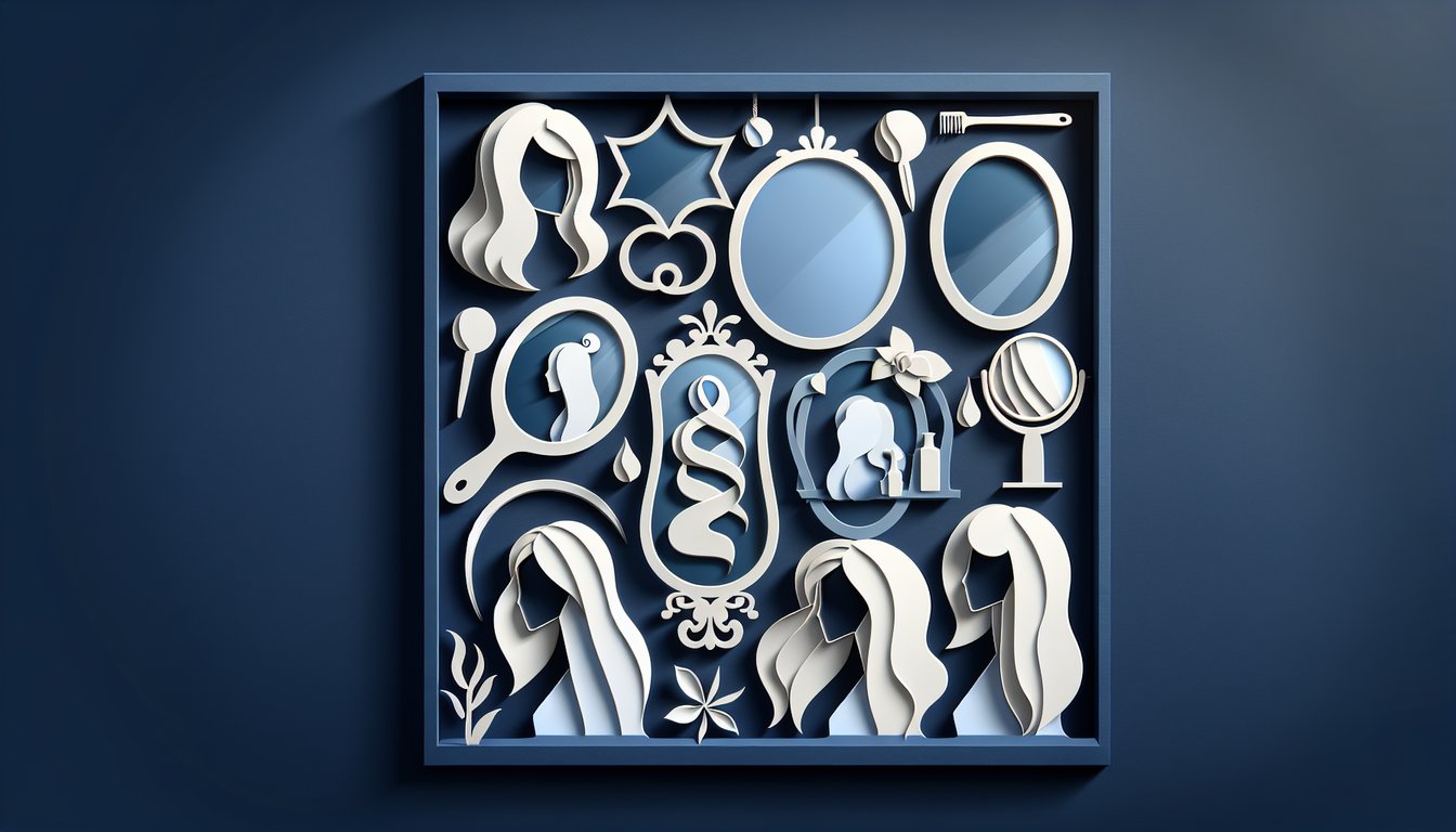 Paper art illustration featuring True Beauty characters quiz elements, fun question cards, icons on dark blue background