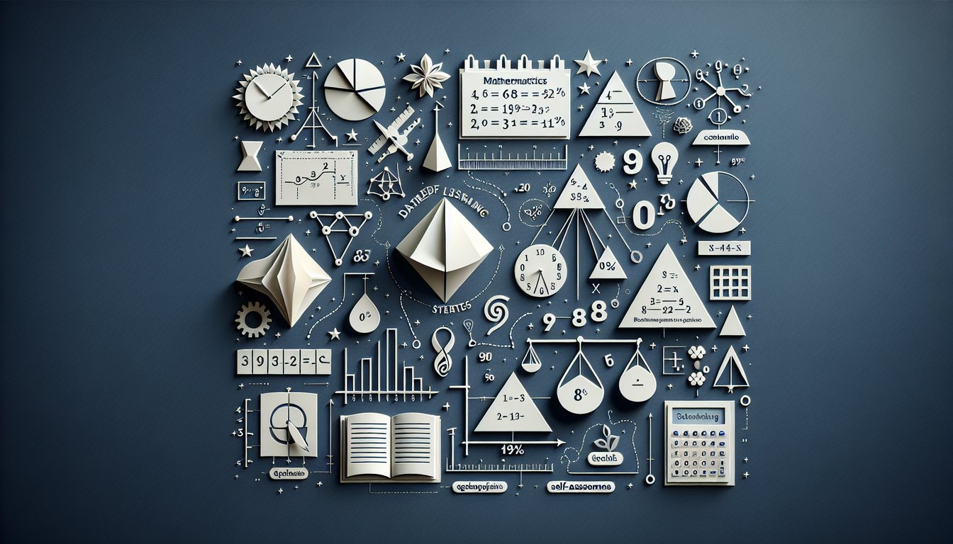 Colorful paper art promoting a trivia quiz for ninth-grade mathematics self-assessment.