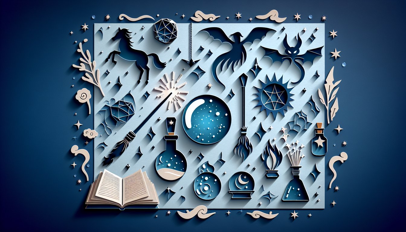 Paper art shows open Hogwarts book with floating magical creature silhouettes on dark blue background for companion quiz