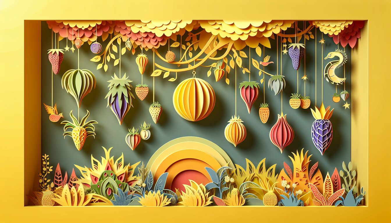 Paper art illustration for Devil Fruit personality quiz on a golden yellow background