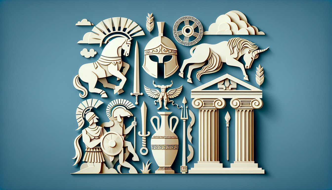 Paper art Greek column laurel wreath scroll and quiz text on sky blue background