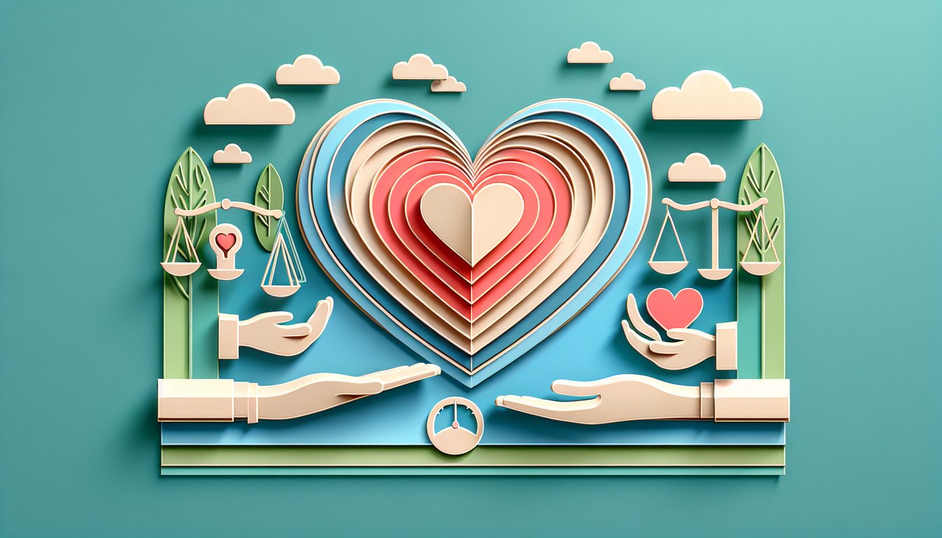 Paper art illustration with layered shapes on teal background for a selflessness quiz revealing your caring style.