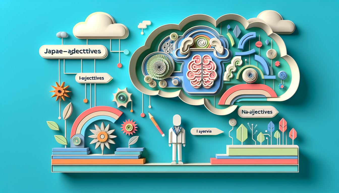 Paper art illustration for a Japanese adjectives quiz on a teal background