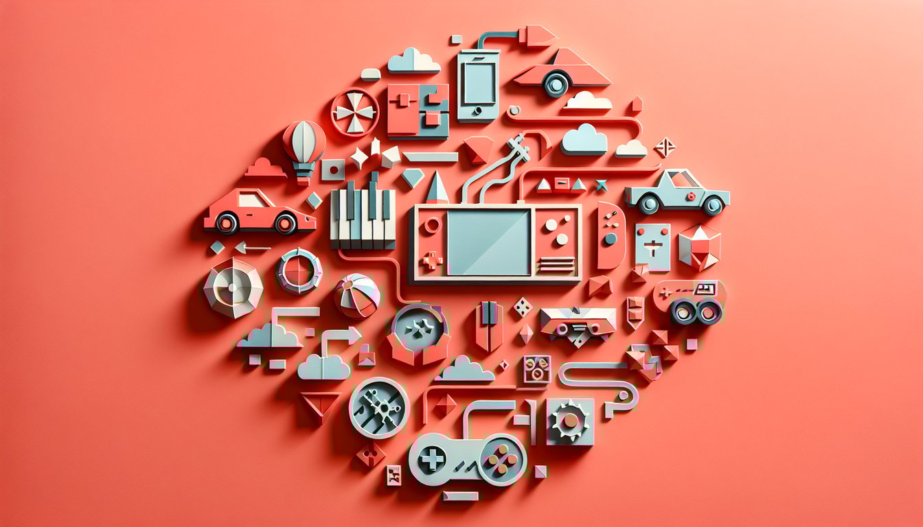 paper art illustration of game controller quiz question sheet icons on coral background