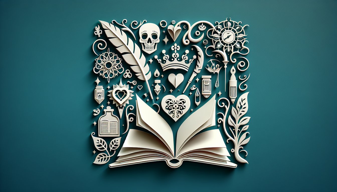 Paper art illustration of open book floating shapes text bubbles motif and theme quiz challenge on teal background.