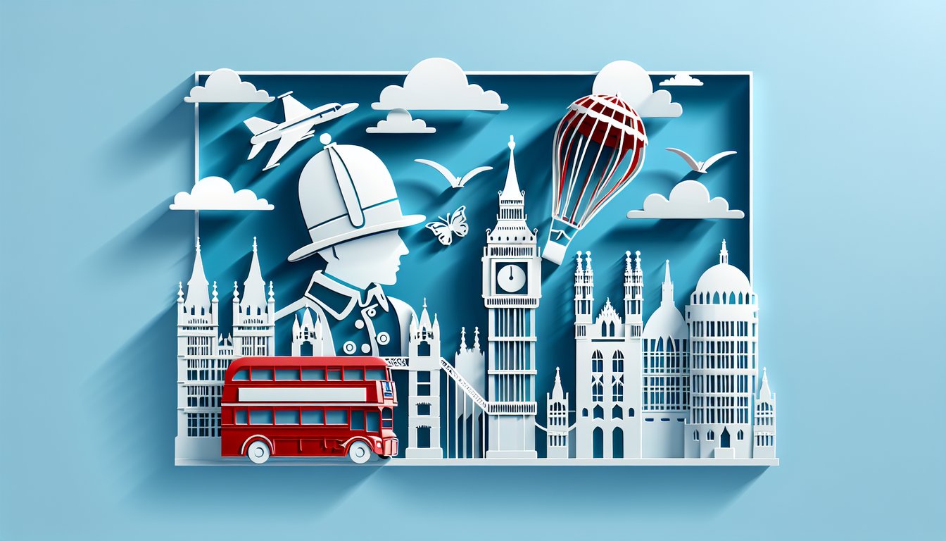 Paper art collage features Big Ben red phone box London bus union flag history culture quiz title sky blue background