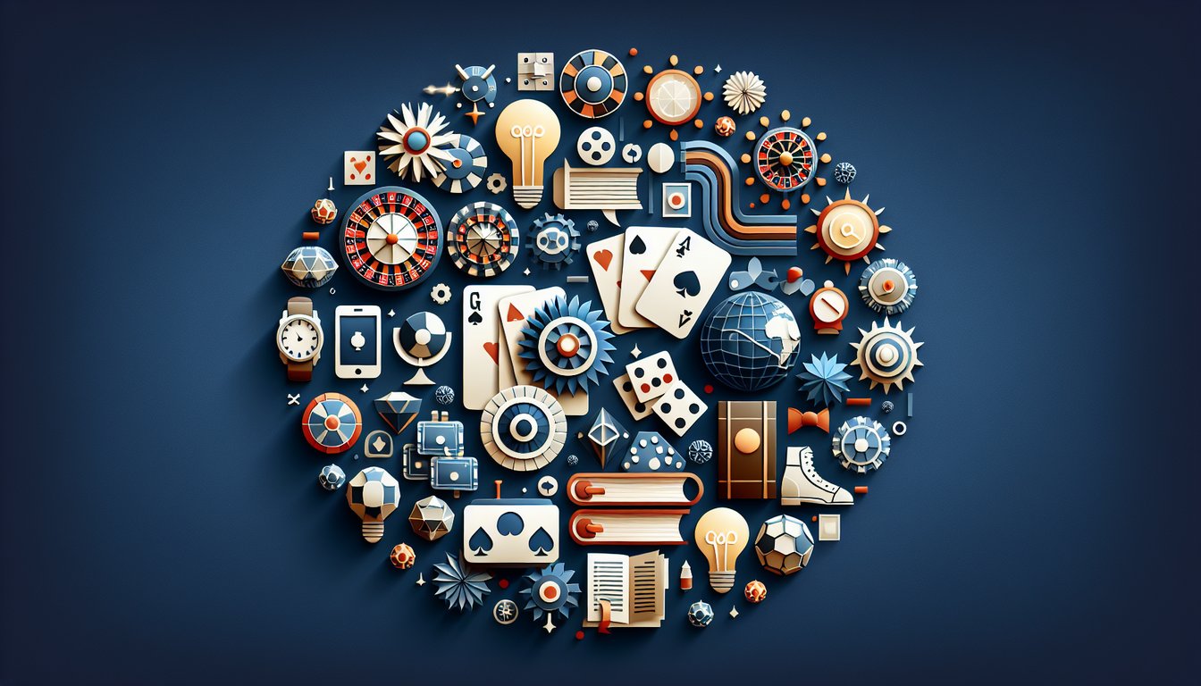 Colorful paper art depicting elements of casino games and trivia quiz questions.