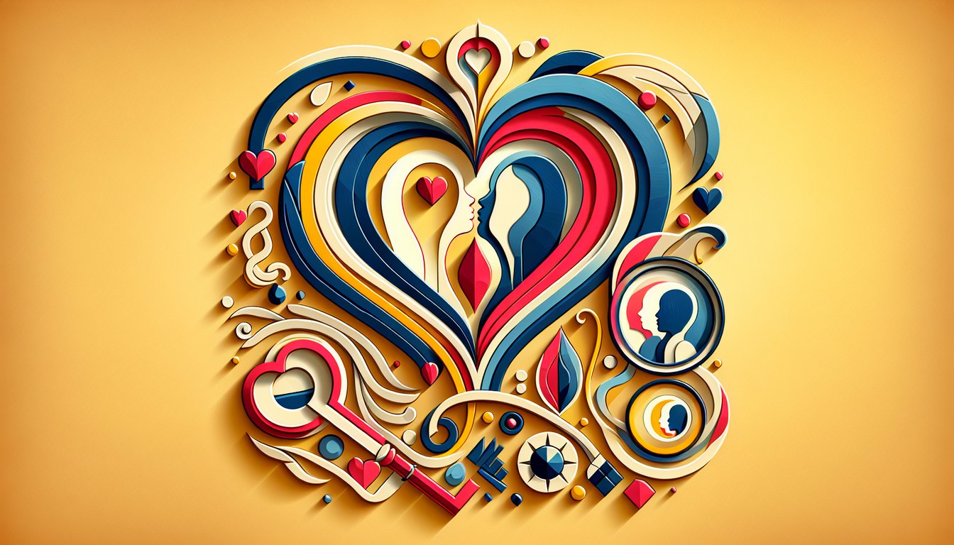 Paper cut style illustration of couple with hearts and flowers for love life quiz on golden yellow background