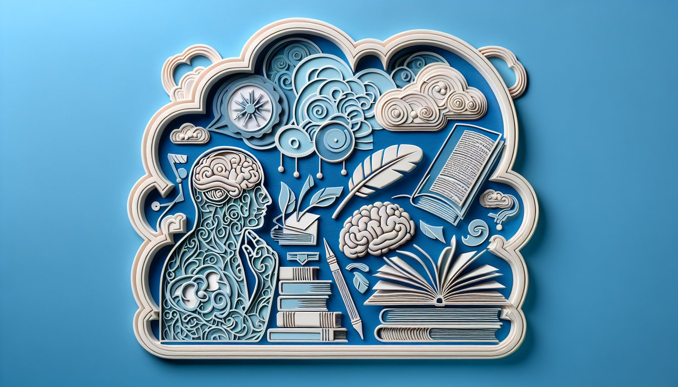 Paper art quiz illustration vocabulary book letters synonyms antonyms test challenge on sky blue background