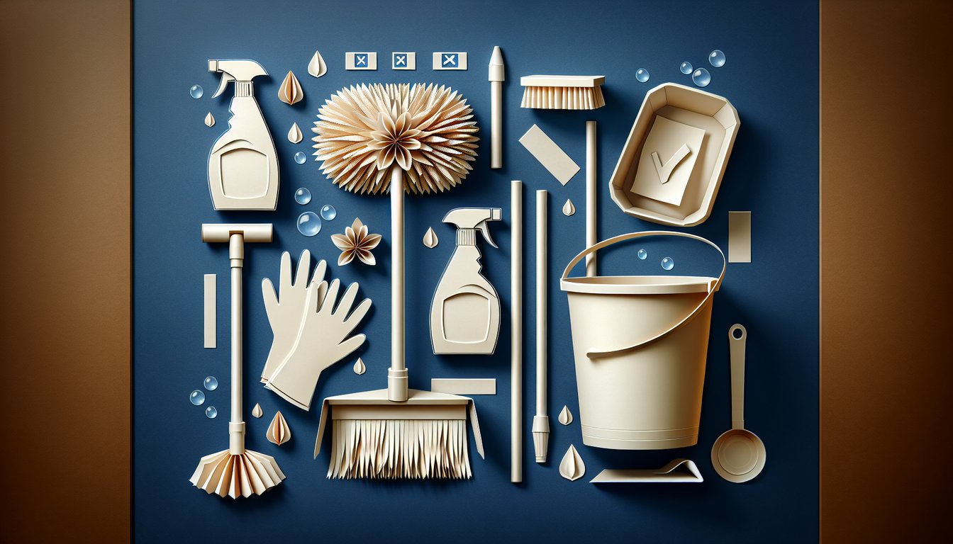 Colorful paper art depicting various cleaning tools for a House Cleaning Skills Assessment Quiz.