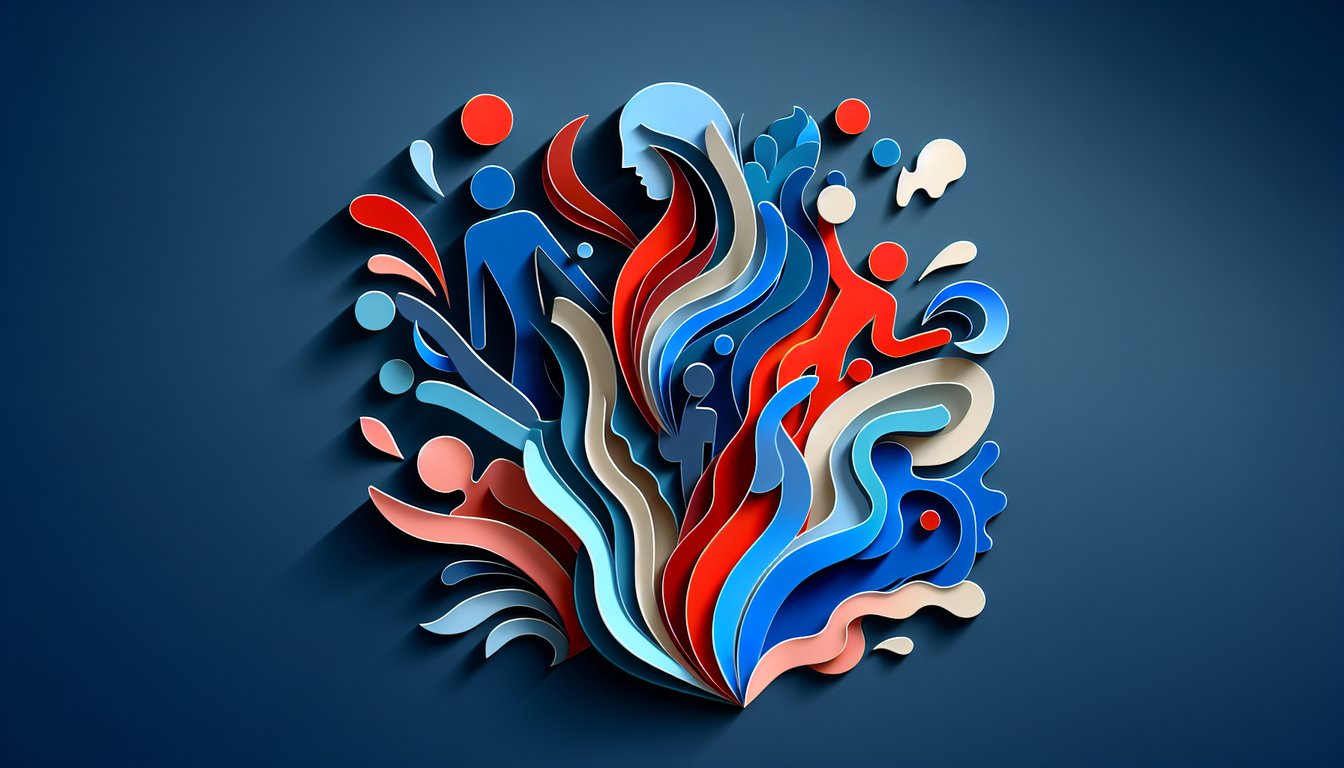Paper art shapes swirl in rainbow hues on dark blue background highlighting a color personality quiz