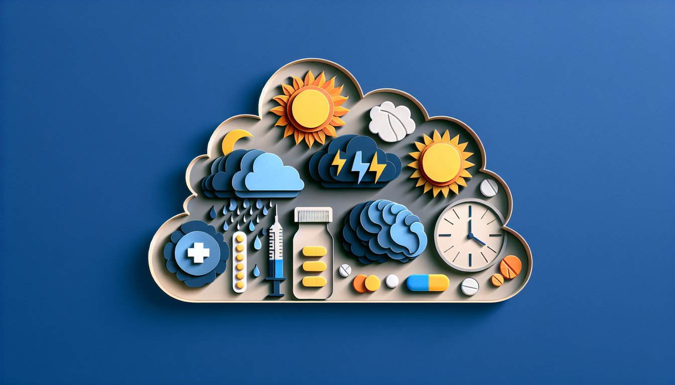 paper art illustration of pills, mood icons on dark blue background prompting quiz on antidepressant impact on wellness