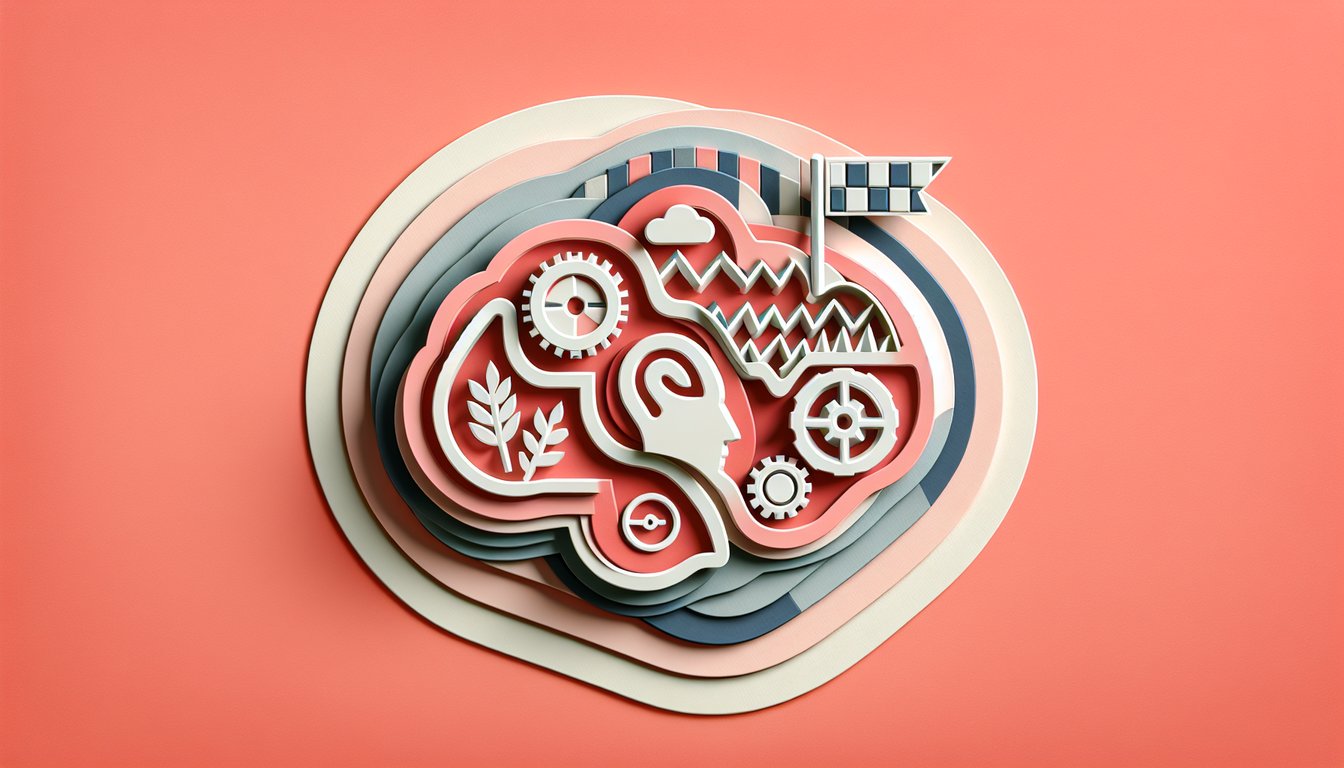 Paper art brain with scattered word cards on coral background representing verbal memory quiz