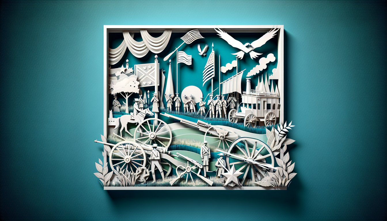 Paper art montage of Civil War symbols and quiz title Test your Civil War knowledge free multiple choice on teal background