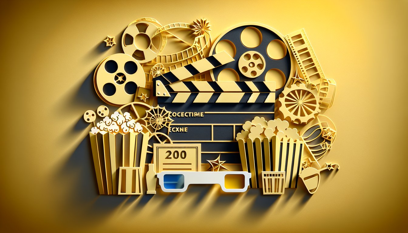 paper art style silhouettes of famous 2000s movie stars on golden yellow background with film reel and clapboard cutouts