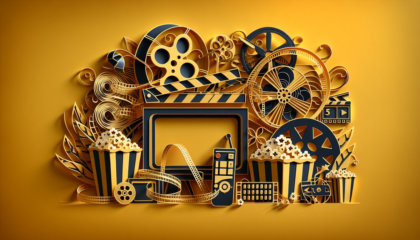 paper art illustration with quiz elements and film reel shapes on a golden yellow background for disney plus movie quiz
