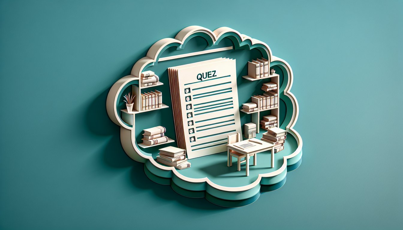 Paper art library scene with books clipboard pencil and quiz form on teal background