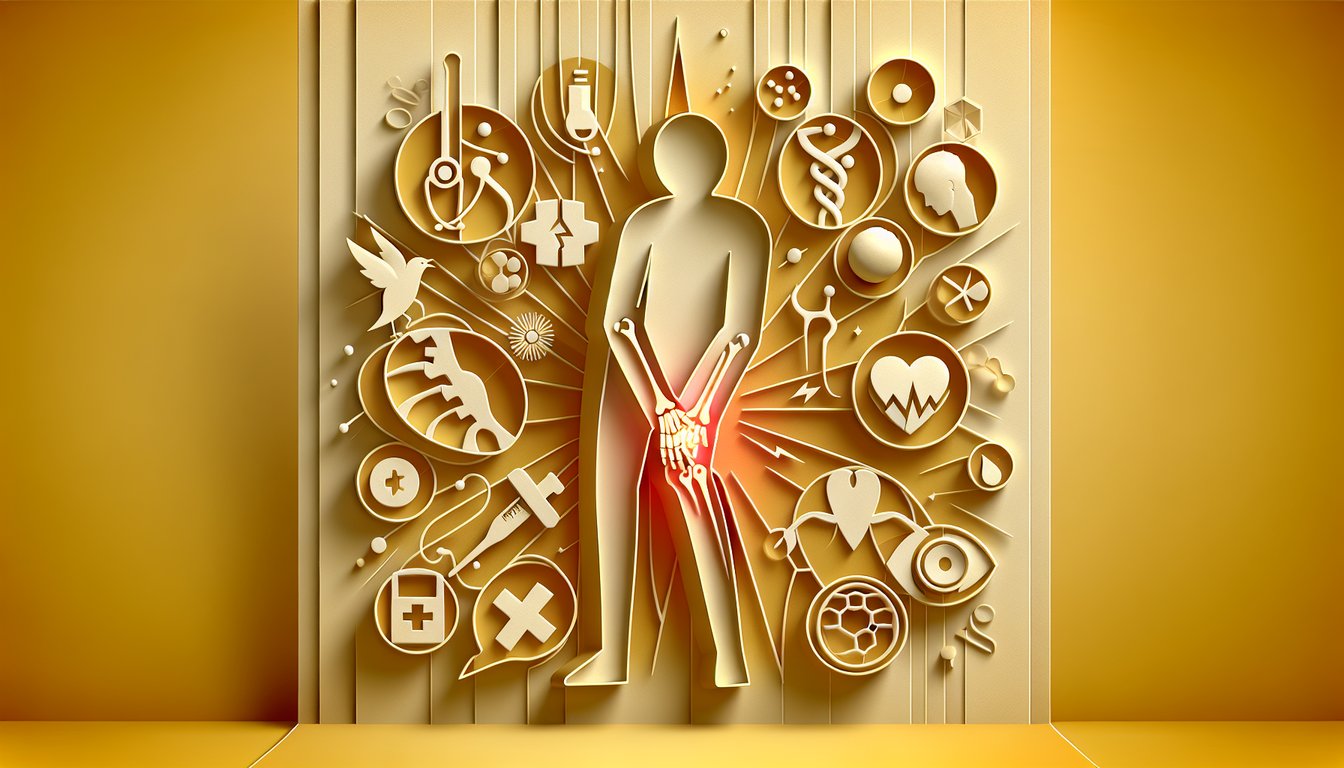 paper art style illustration of hands with highlighted joints rheumatoid arthritis quiz callout on golden yellow background