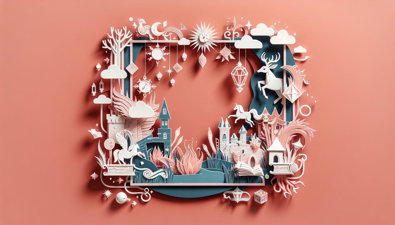 Paper art collage of Narnia book scenes characters icons on coral background personality quiz