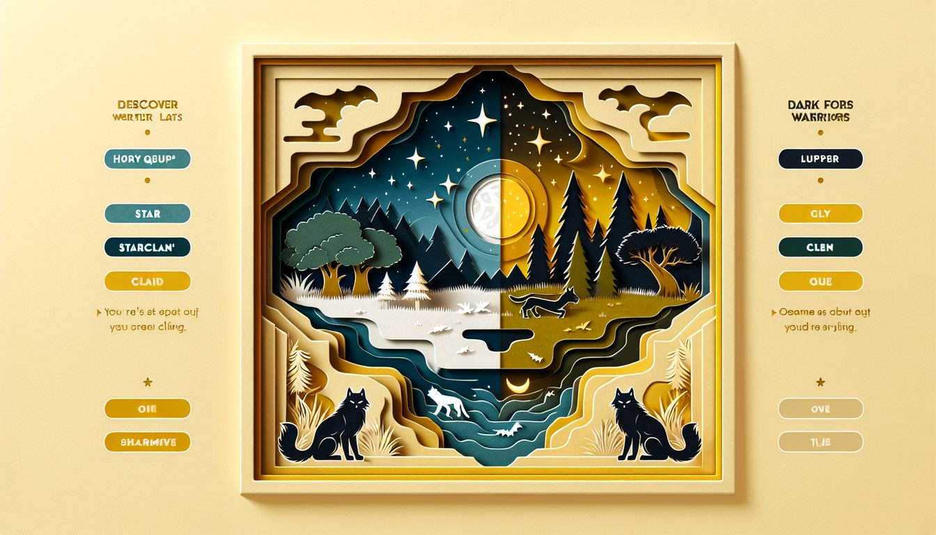 Paper art cat silhouettes under stars and gnarled branches on golden yellow background for StarClan versus Dark Forest quiz