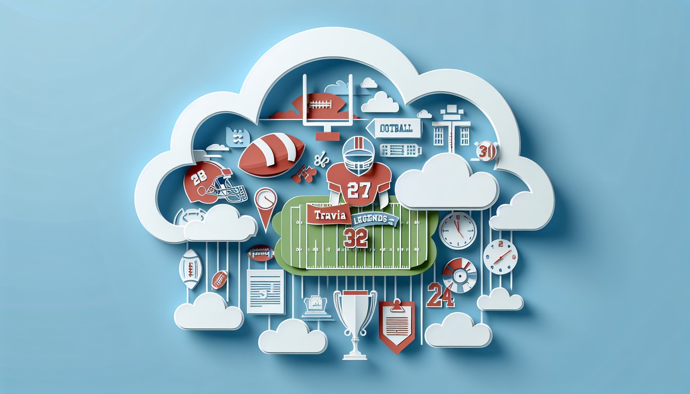Ohio State University football trivia quiz paper art with helmet trophy ball and stat icons on sky blue background