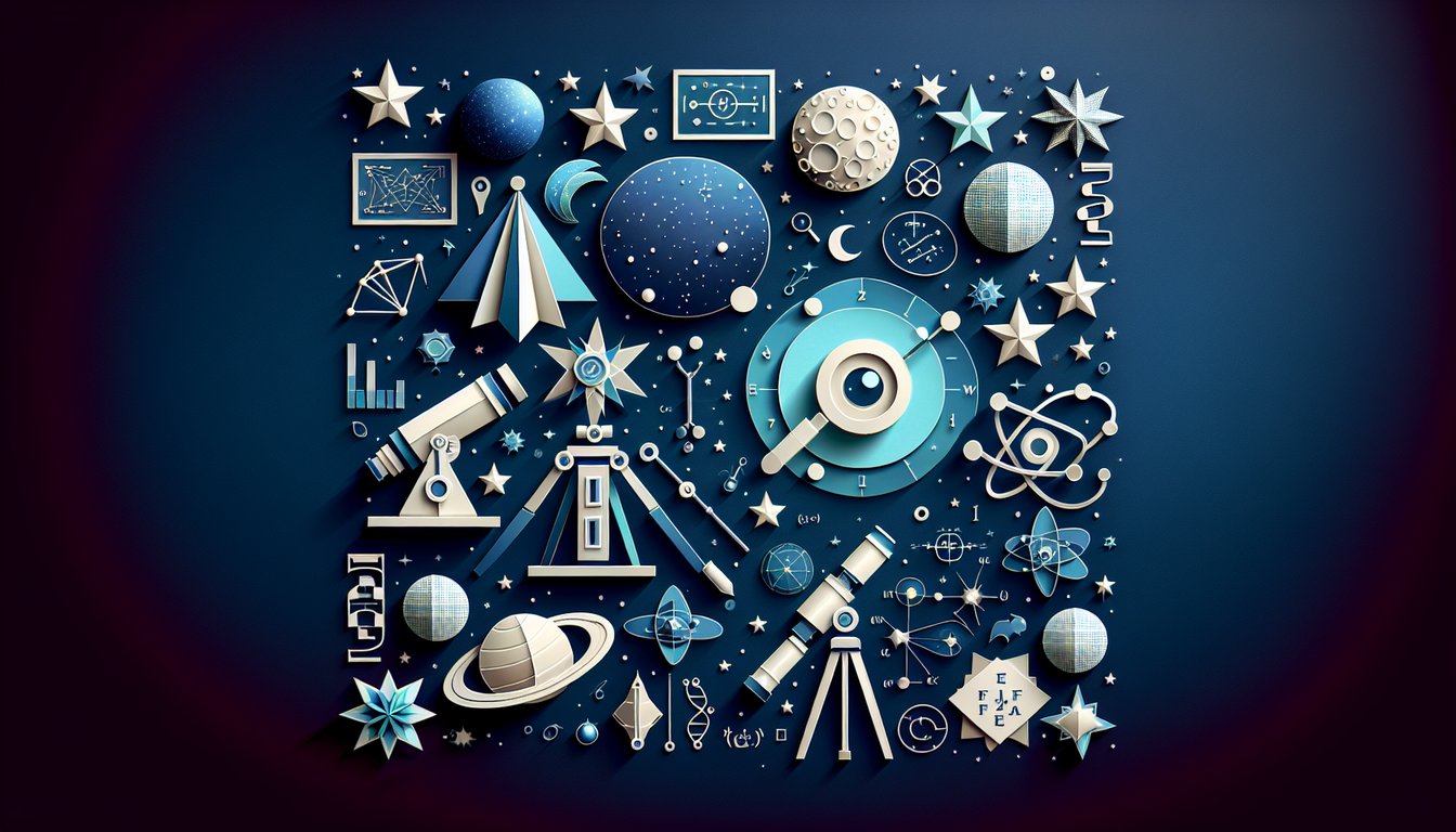 Colorful paper art depicting a cosmic quiz challenge for high school astronomy and physics students.