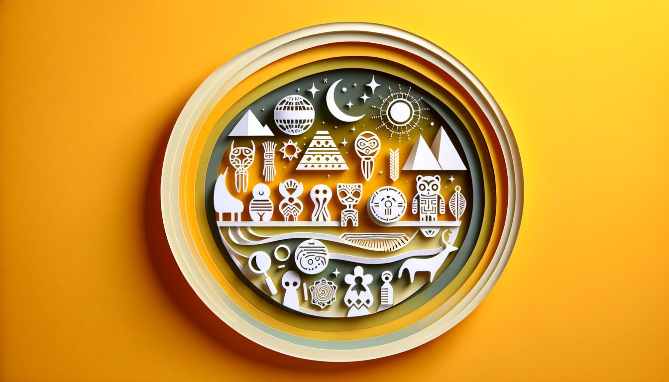 Paper art icons of skull stone tool speech bubble DNA strand and book around anthropology trivia quiz on golden background