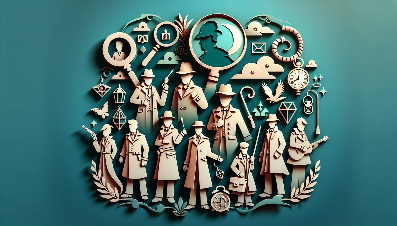 Paper art illustration of hero and masked detective figures on teal background for Skulduggery Pleasant character quiz
