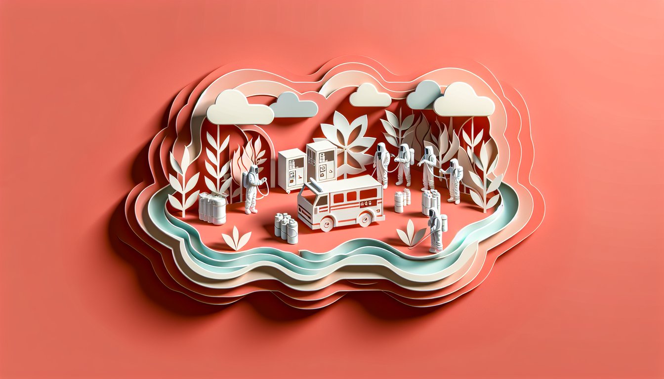 Paper art illustrating hazmat ops practice test on a coral background