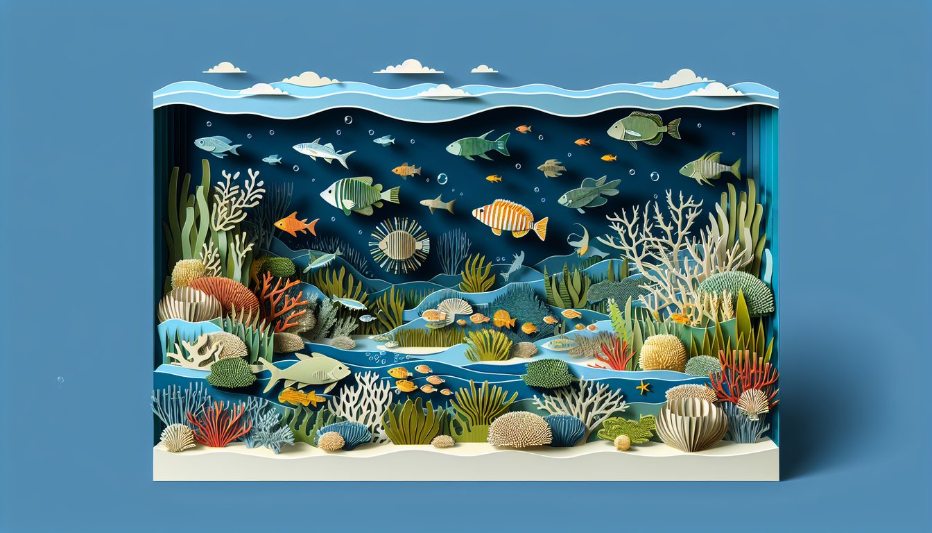 Paper art of aquatic ecosystem highlighting nonnative species disruption for a knowledge quiz on dark blue background.
