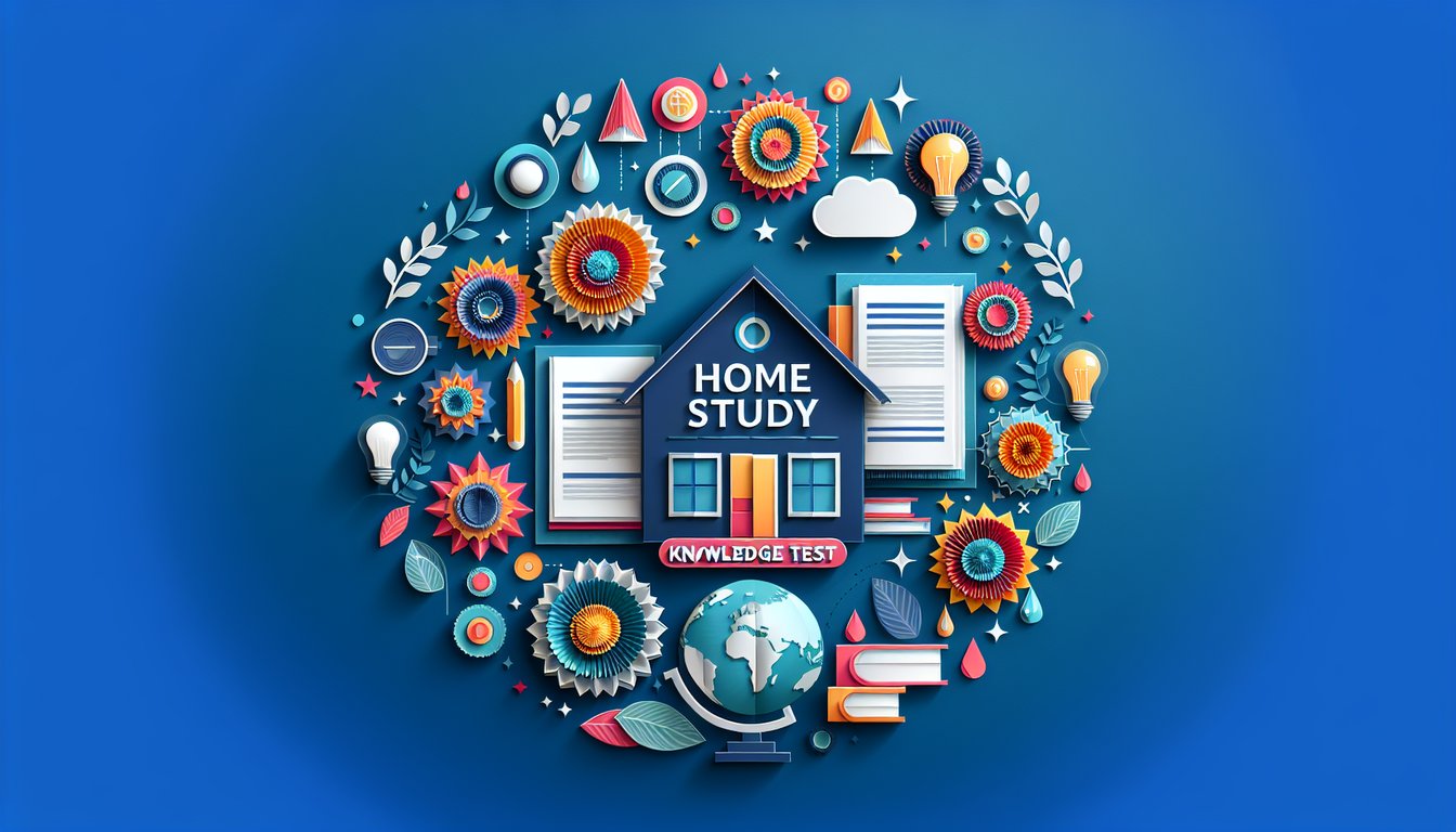 Colorful paper art depicting a trivia quiz on Home Study Module Knowledge Test.