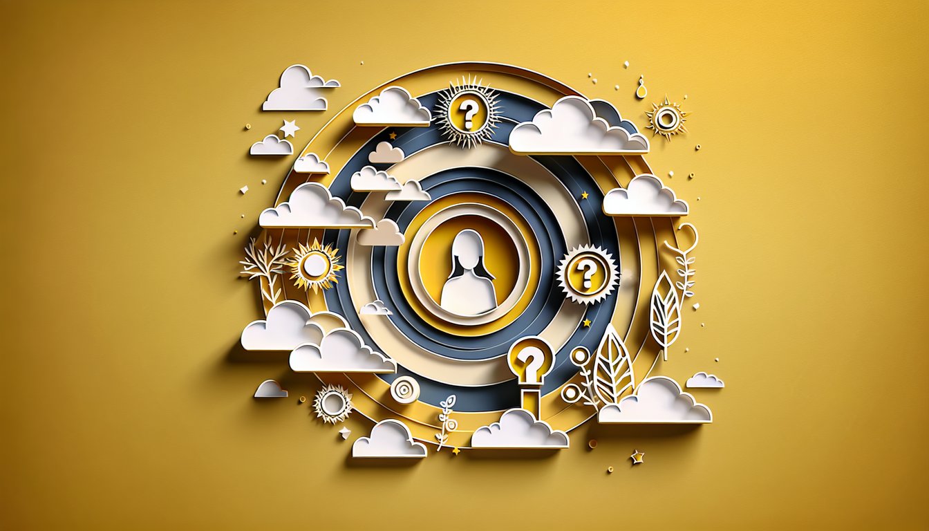 Paper art illustration with rainbow layers forming a heart and question mark on golden yellow background for Am I Gay quiz