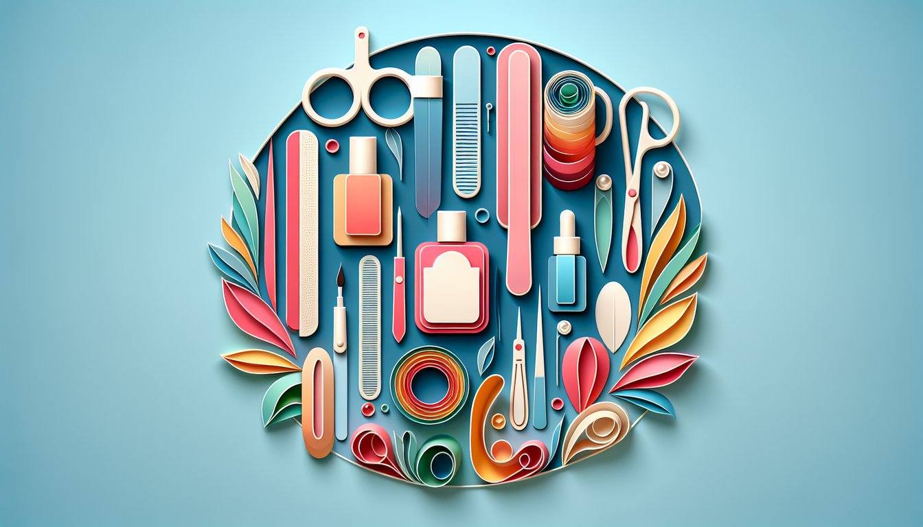 Paper art hands holding polish brush next to nail wrap samples nail grooming quiz banner on sky blue background.