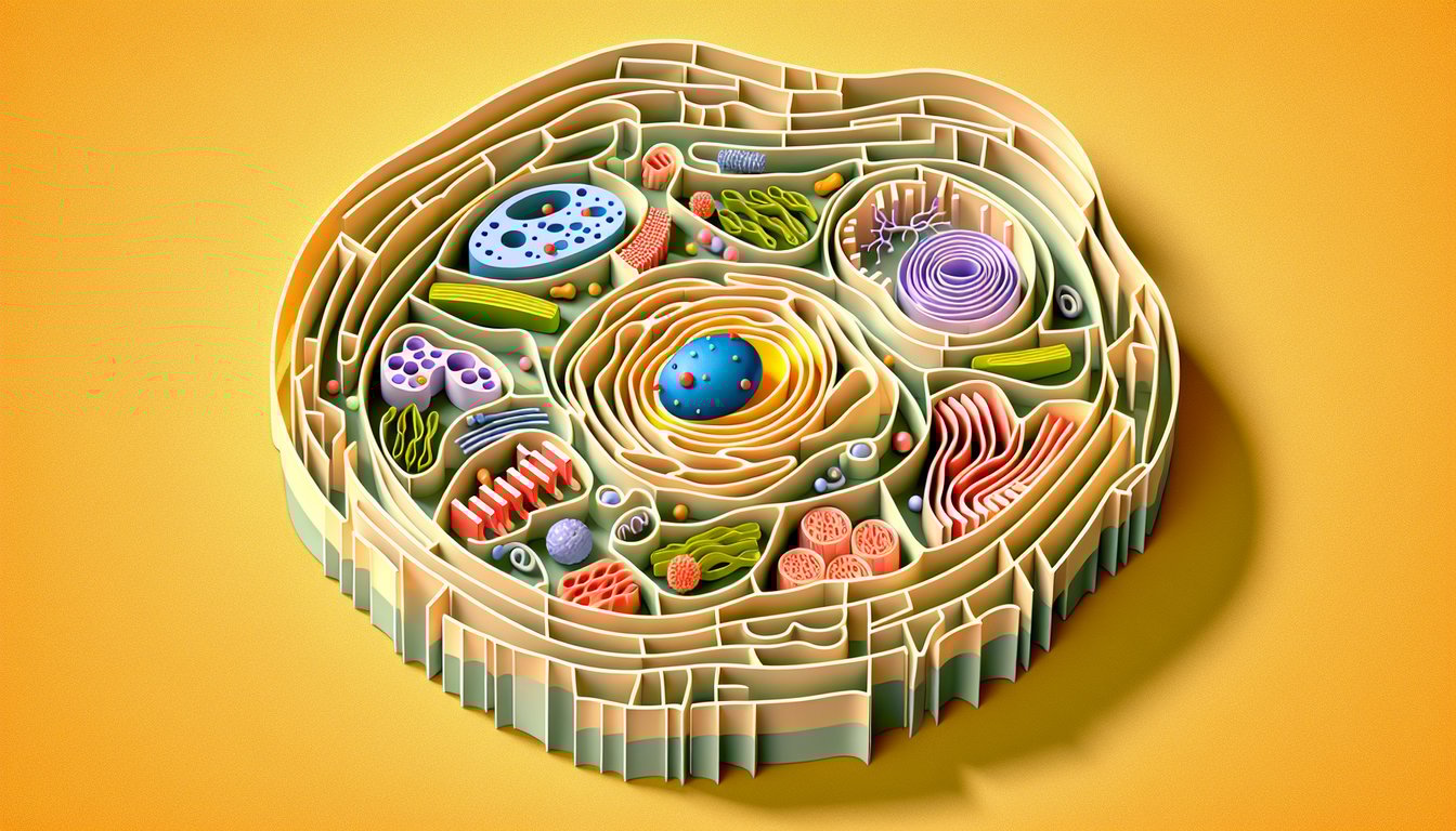 Paper art illustration of an animal cell, with organelles and labels on a golden yellow background