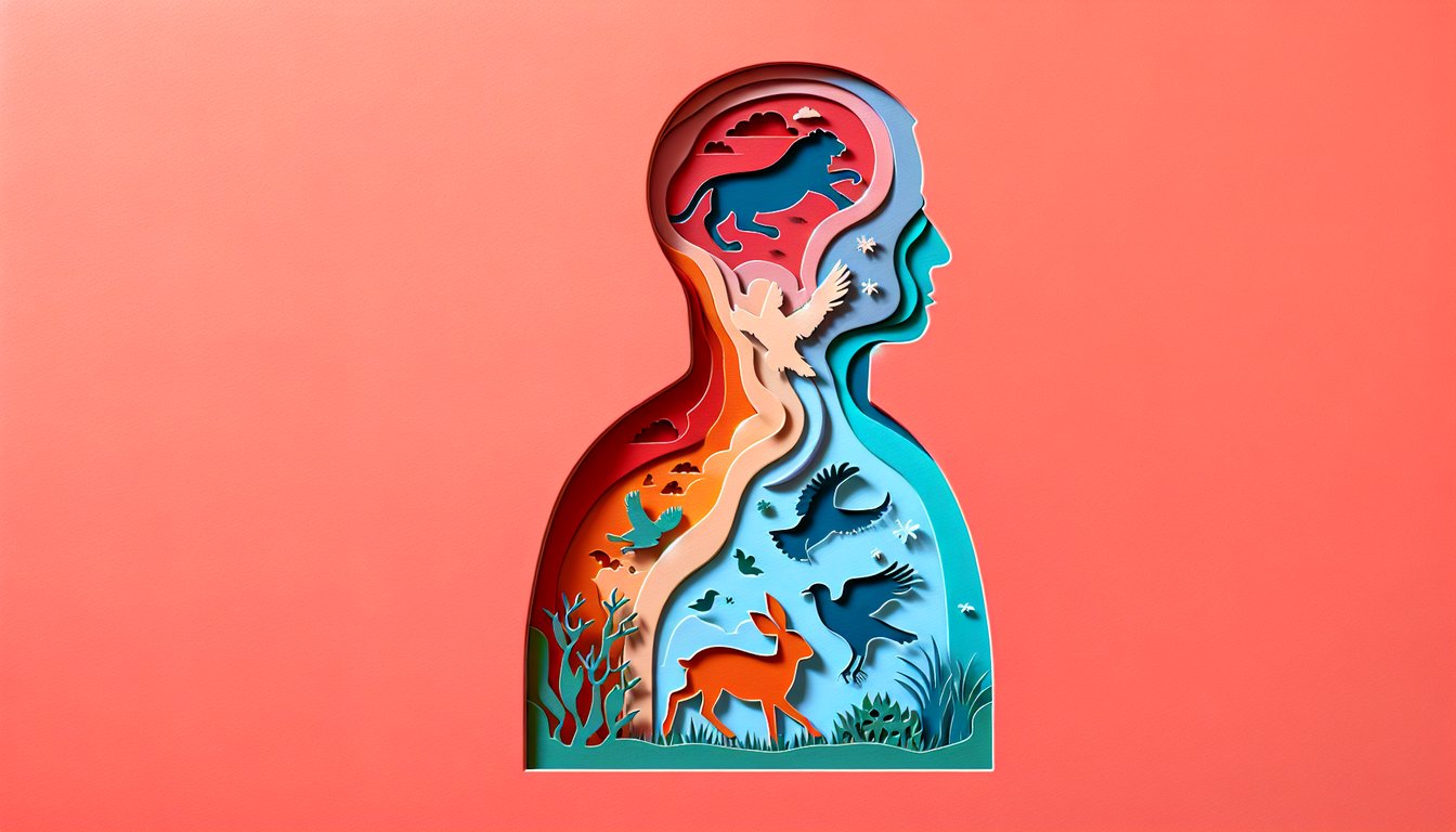 Layered paper art head surrounded by icons for fight flight freeze fawn coping style quiz on coral background