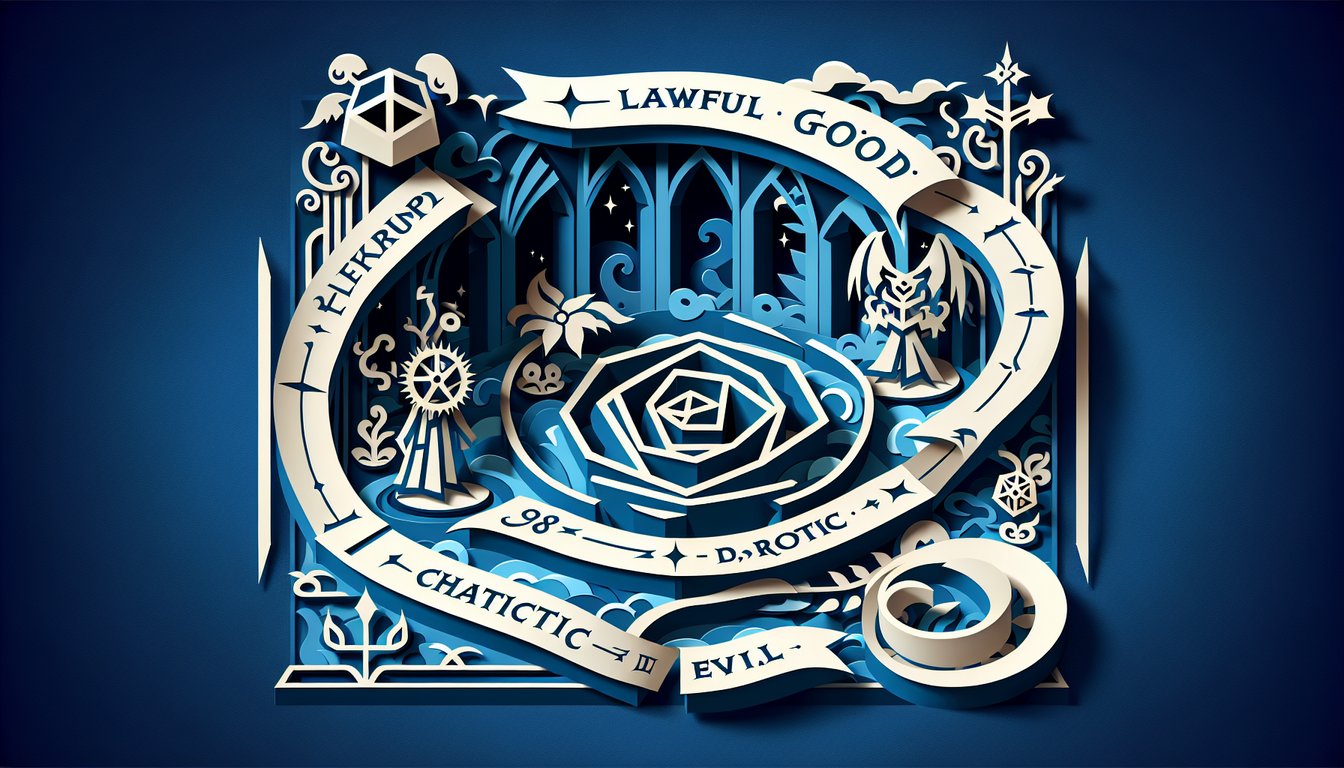 Paper art D and D alignment quiz scene with character tokens, law chaos compass, moral axis bars on dark blue background.