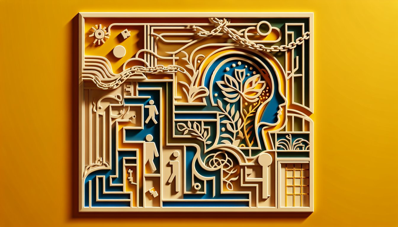 Layered paper art question mark shapes symbolizing personal challenges and self discovery on golden yellow background