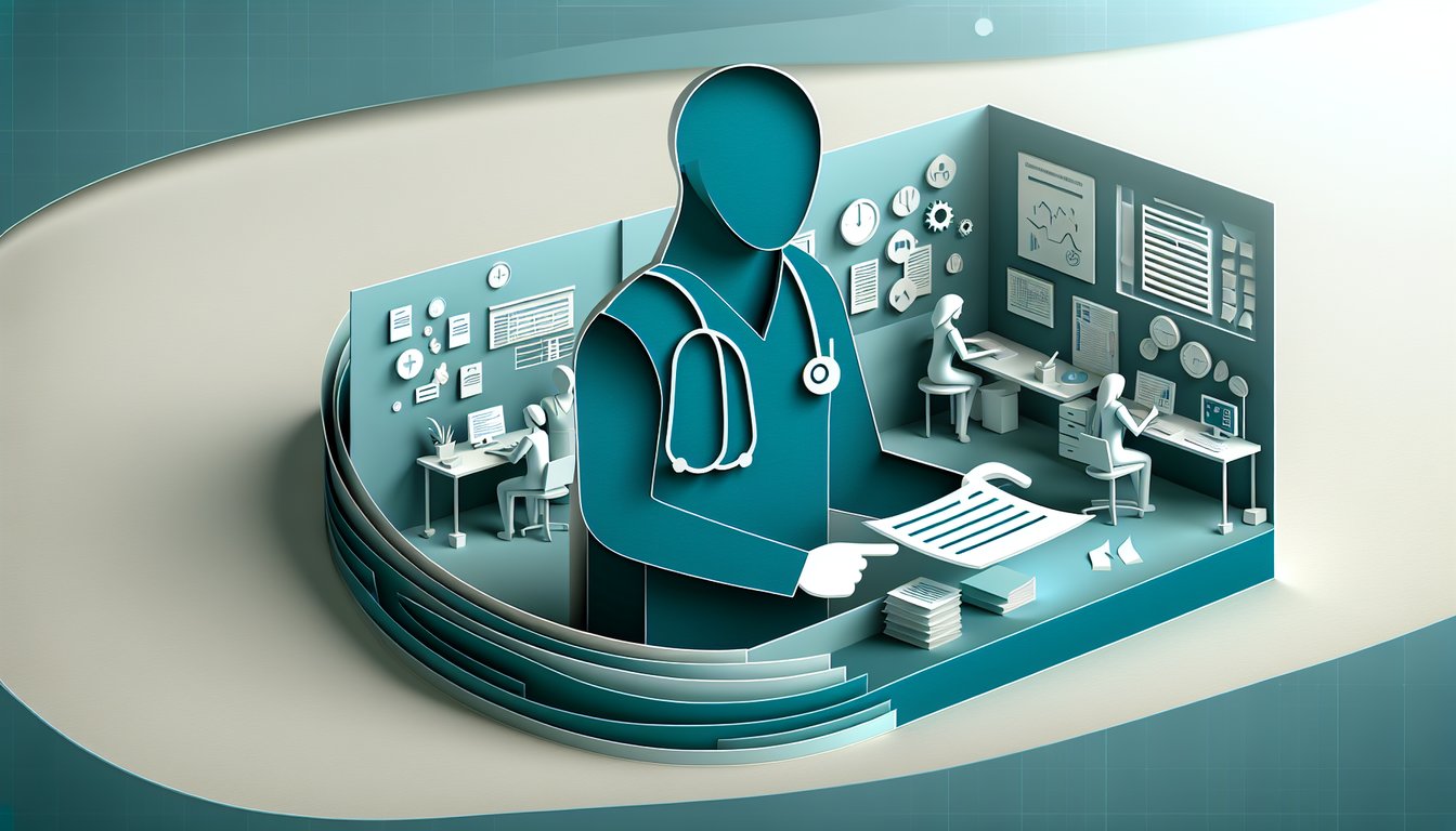 Paper art illustration of documents charts and pen on teal background for client care documentation quiz