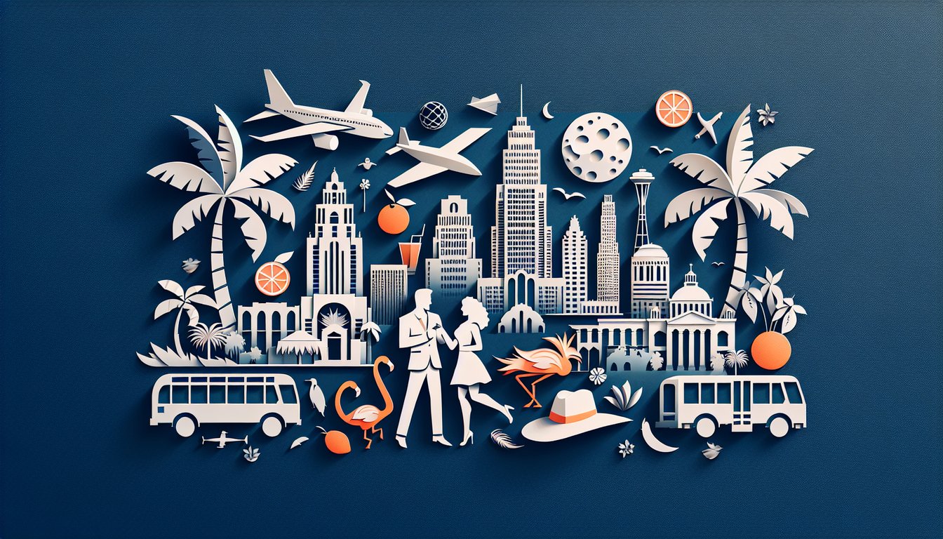 Colorful paper art collage depicting Florida landmarks and icons for a trivia quiz on a dark blue background