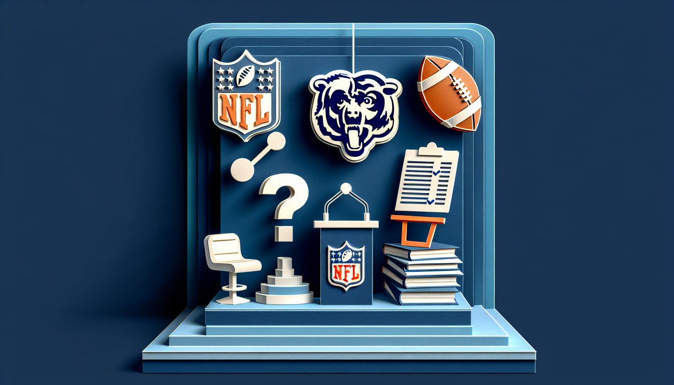 Paper art illustration Chicago Bears trivia quiz with football helmet stats, history on dark blue background