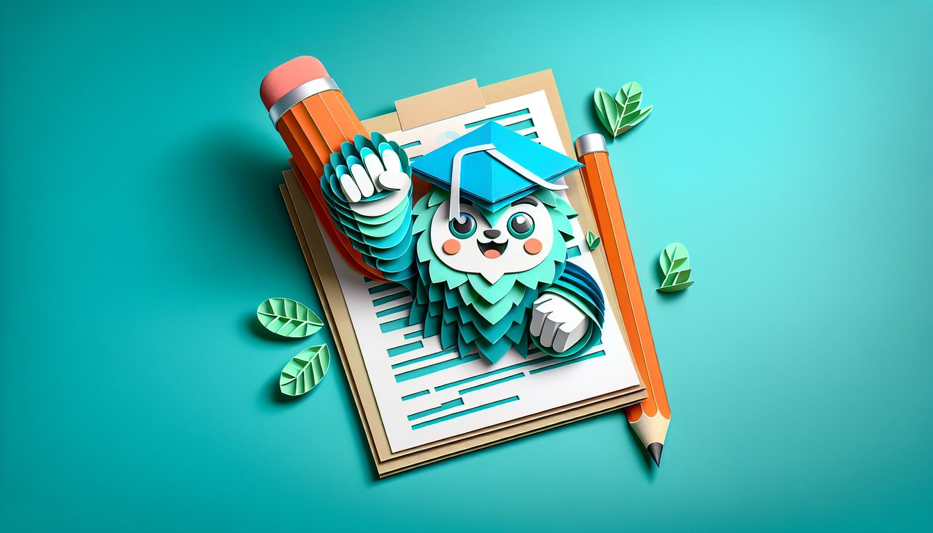 Paper art style icons including books pencil and question mark on teal background promoting IC3 entrance exam practice quiz