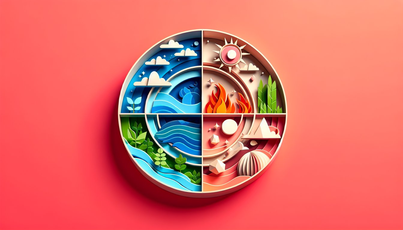 Paper art illustration for Avatar element personality quiz on a coral background