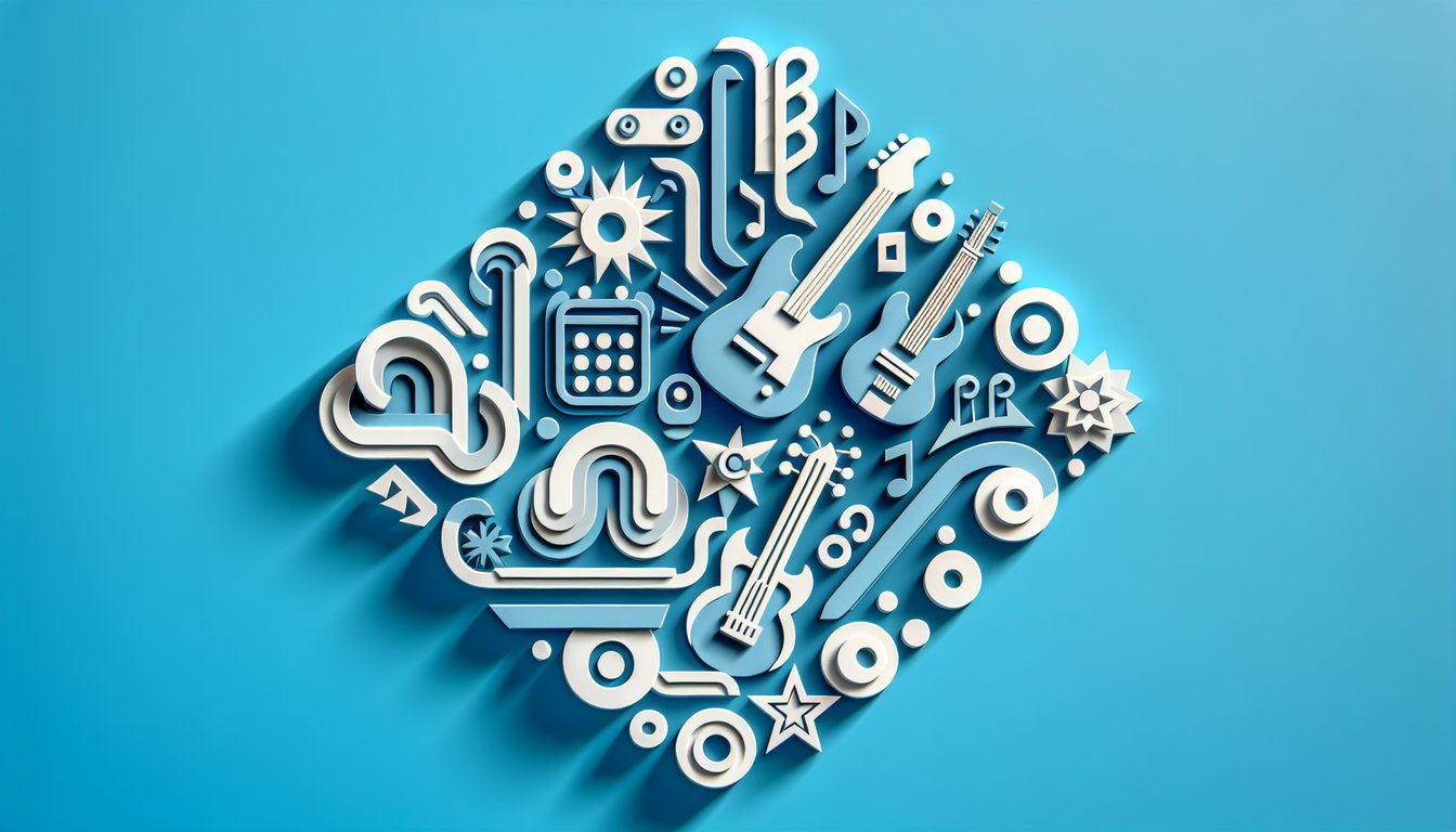 Paper art illustration for famous band logos quiz on a sky blue background
