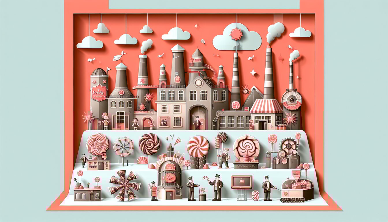 Paper art illustration for Wonka character personality quiz on a coral background