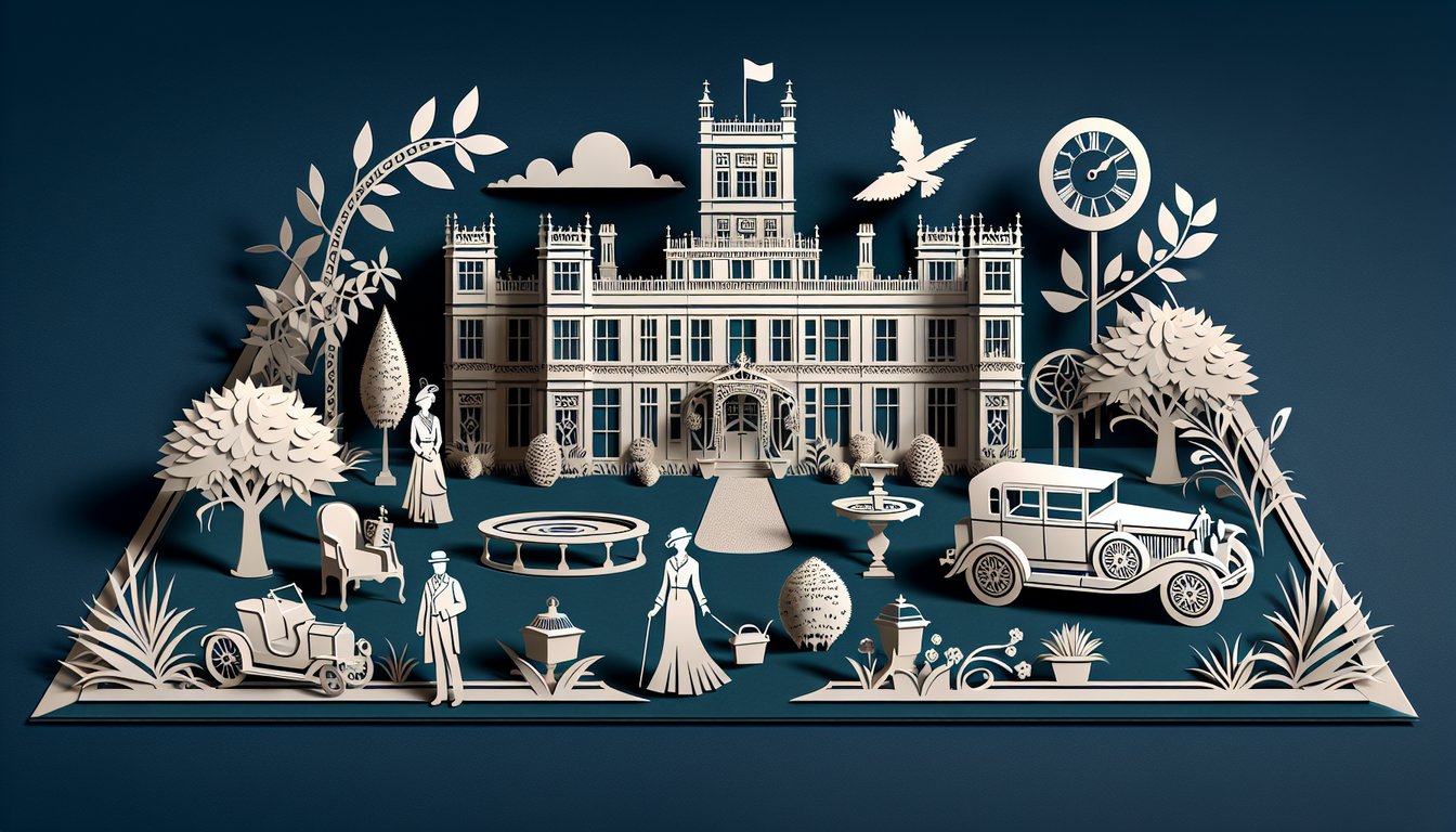 Paper art illustration with Downton Abbey manor silhouette, period figures, quiz text elements on dark blue background