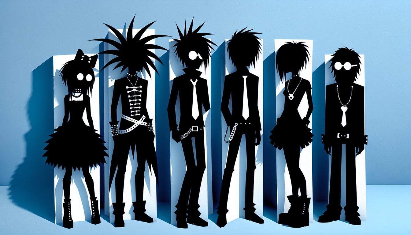 Paper art quiz illustration exploring goth, emo, punk, geek styles and personalities on sky blue background.